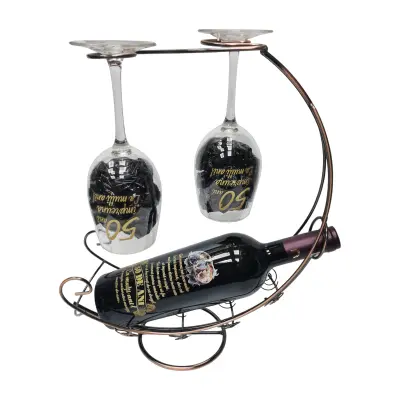 50 de ani aniversare, suport din metal cu sticla vin personalizata cu mesaj si 2 pahare personalizate 50 de ani impreuna